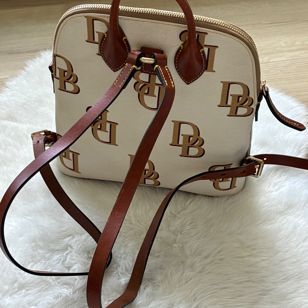 Dooney & Bourke Monogram Cream Tan Leather Trim Gold hardware Backpack Bag - Picture 2 of 16